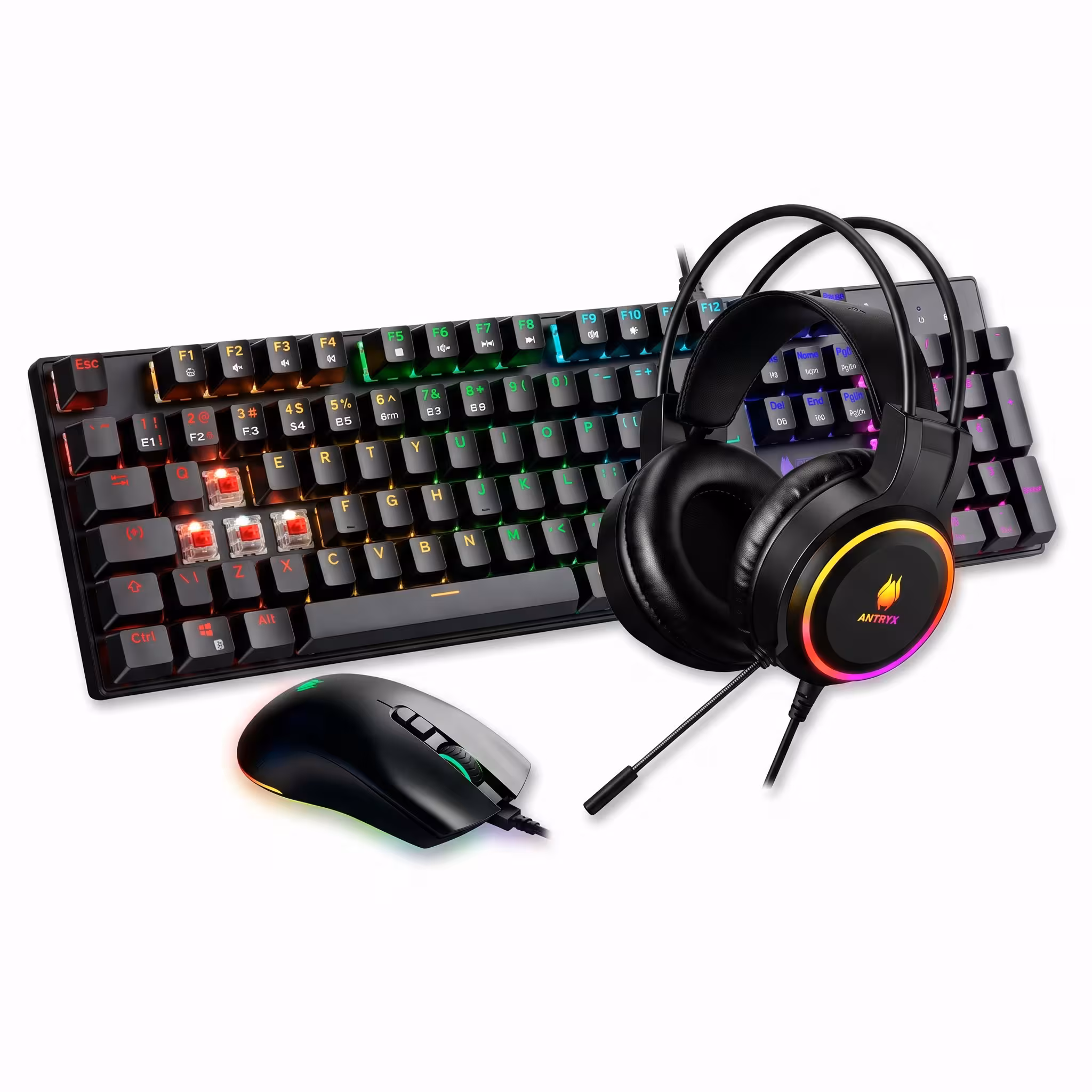 KIT ANTRYX GC-3100 X3 NEGRO SWITCH ROJO | TECLADO MECANICO 100% | MOUSE RGB 7200DPI | AUDIFONO RGB 3.5