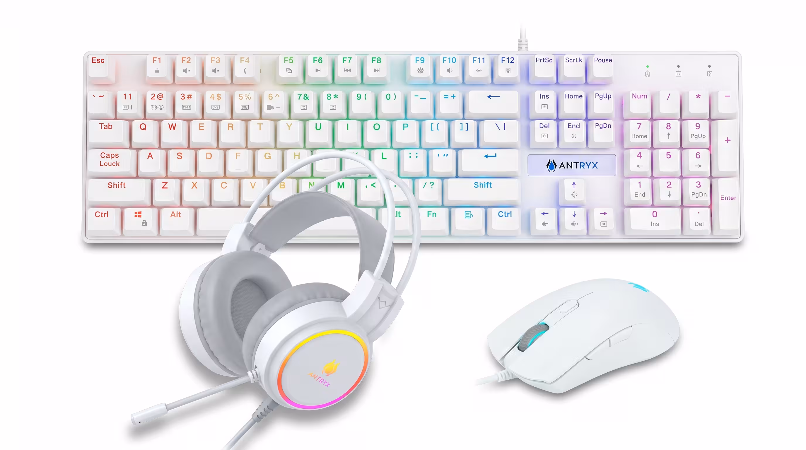 KIT ANTRYX GC-3100 X3 BLANCO SWITCH AZUL | TECLADO MECANICO 100% | MOUSE RGB 7200DPI | AUDIFONO RGB 3.5